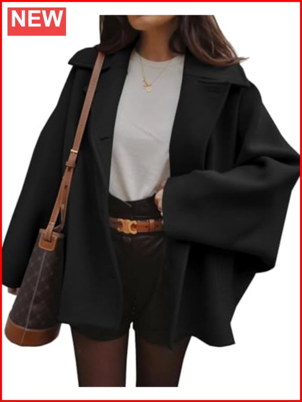 Womens Pea Coat Notch Lapel Single Breasted Oversized Jacket Long Sleeve